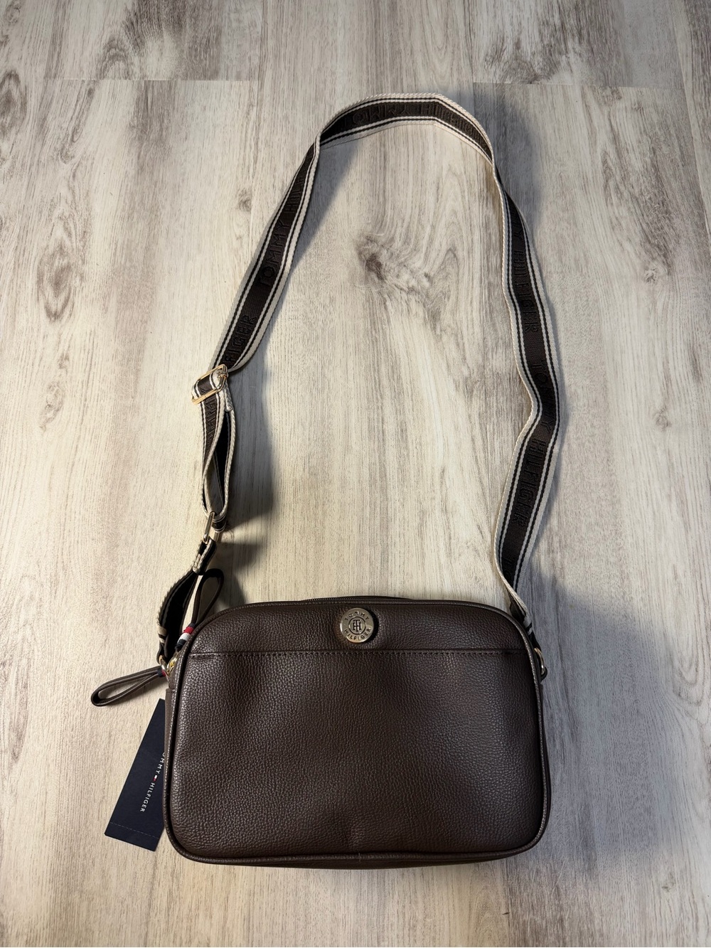 Tommy Hilfiger Dark Brown Leather Crossbody with Striped Strap